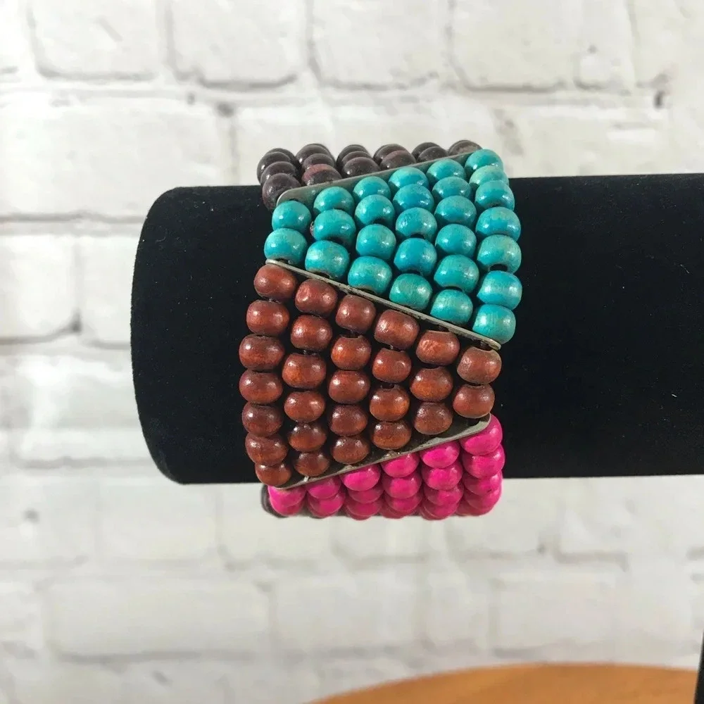 Pink, Aqua, and Brown Wood Bead Fashion Stretch Bracelet - New with Tag - Picture 2 of 6